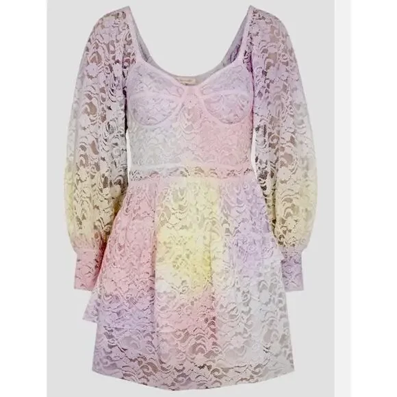 LoveShackFancy‎ Alela Long Sleeve Lace Tie Dye Ombre Pastel Mini Dress Size 2 - Picture 4 of 6